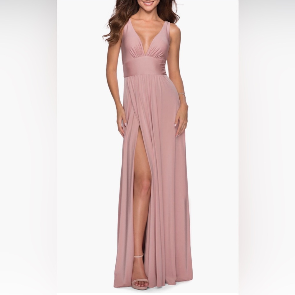 La Femme Plunge Neck A-Line Gown, Mauve, Size 2, $298